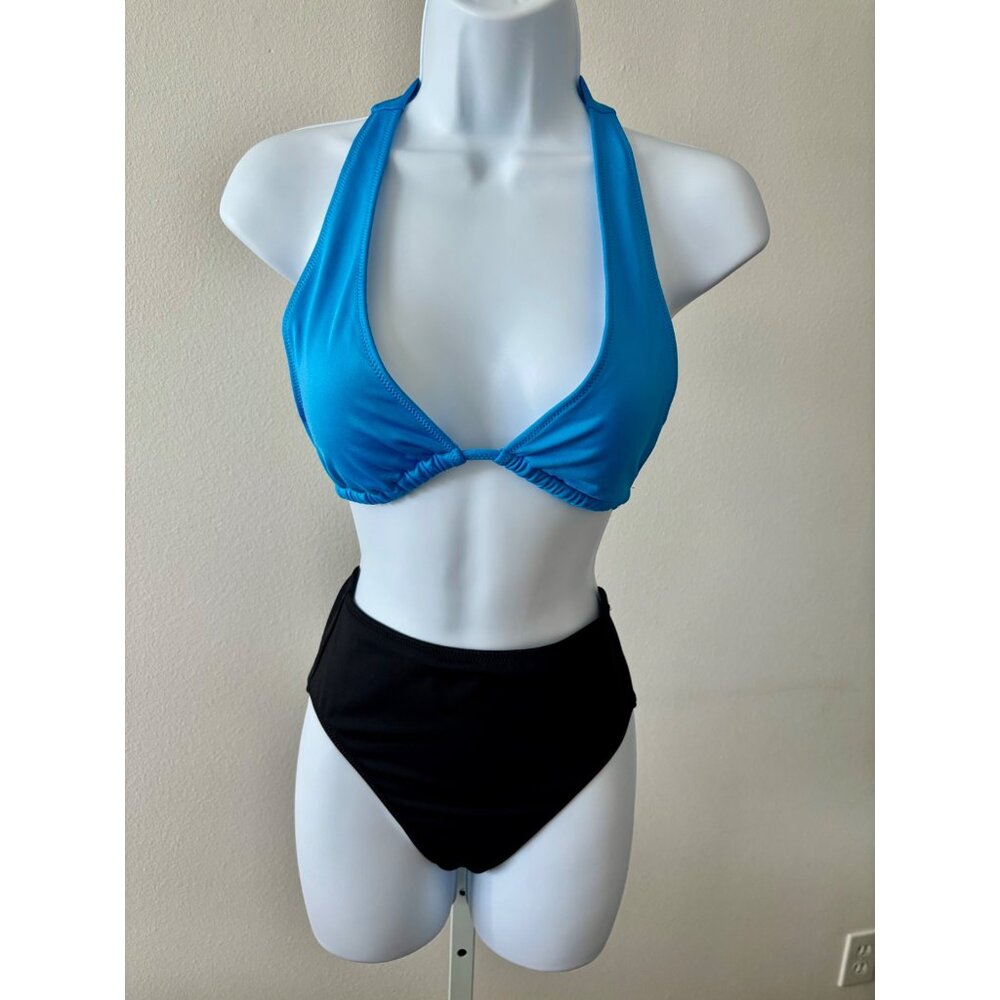VS Pink Bikini Small Halter Blue & Black High-Waisted Retro Coquette Sporty Chic